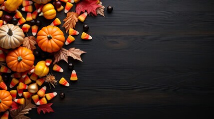 Fototapeta premium Festive halloween decoration background with pumpkin head jack lantern candy corn and decorations on wooden board, halloween concept.