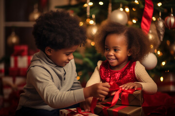 Fototapeta na wymiar Happy kids opening together Christmas gifts and presents under Christmas tree. Generative AI