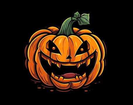 Illustration of cartoon scary pumpkin jack o lantern for halloween on black background.