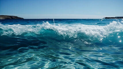 Fototapeta premium Blue sea great transparent waves break on the shore. Generative AI technology.
