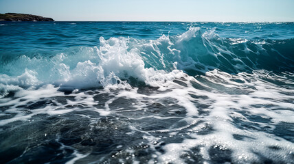 Fototapeta premium Blue sea great transparent waves break on the shore. Generative AI technology.