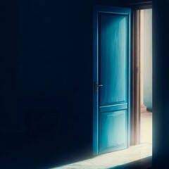 blue door slightly ajar, revealing a glimpse of a sunlit 