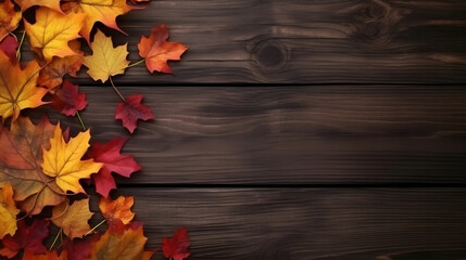Naklejka na ściany i meble Autumn leaf on empty old wooden dark thanksgiving background. Beautiful red and orange leaves on old grunge wood deck with copy space and top view.
