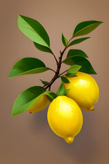 Lemons on a branch on a neutral background. generative AI
