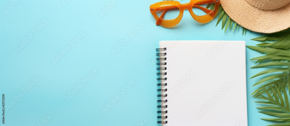 Aufkleber A writing book with summer beach accessories is pictured on a background, with copy space available. It is set in a flat lay style.