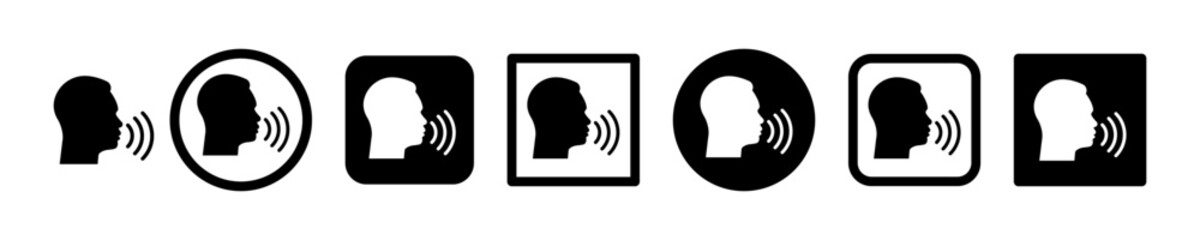 Set of man speak vector icons. Man tell black vector silhouette. Voice wave from human. Human talk.