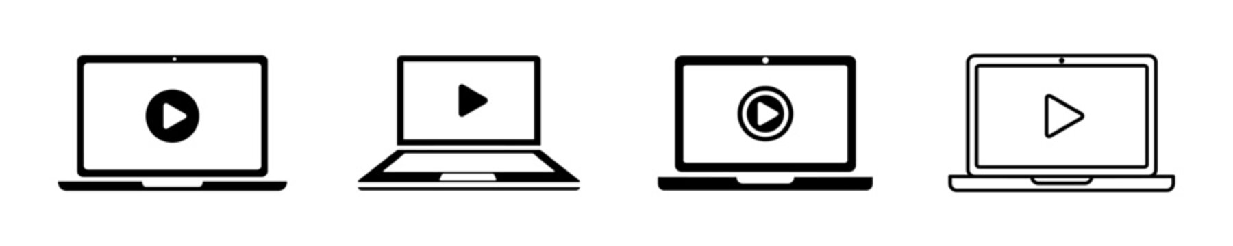 Set of laptop with play buttons. Monitor with black play video or music buttons. Vector 10 Eps.