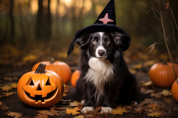 Funny dog decorated with photo props sits near orange pumpkins. Preparation for the celebration. Happy Halloween and autumn concept.