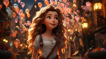 A beautiful girl with long hair is standing in front of a street full of balloons. Generative AI