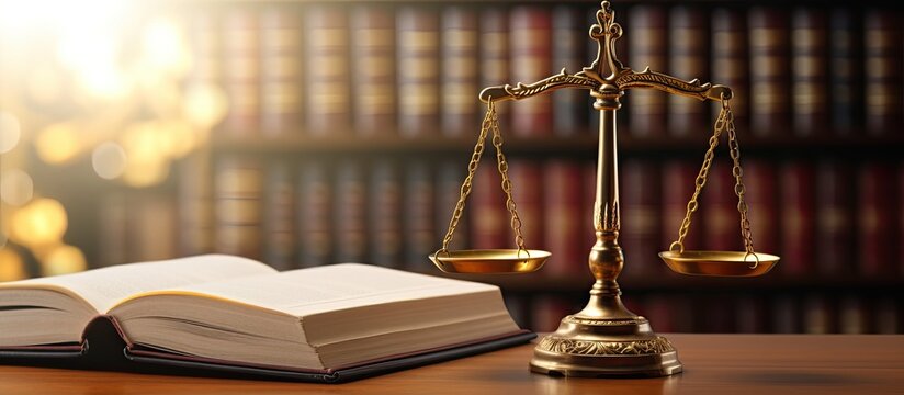 Scales Of Justice With Law Books On Desk Of Lawyer. Concept Of Justice, Legal, Jurisprudence. Wide View With Copy Space.