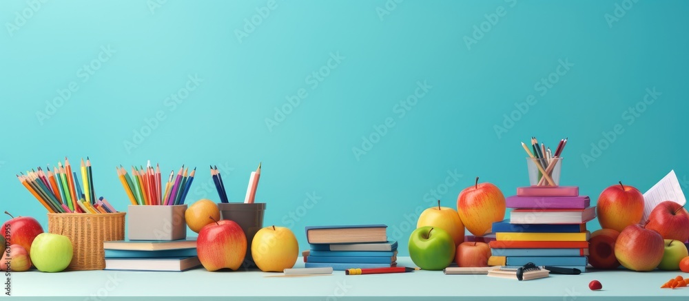 Poster Printable horizontal banner for web design with a back-to-school theme. Features a bright flat style and includes space for text. Contains a collection of school supplies. Represents an educational