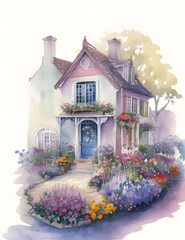 A watercolor house illustration in the middle of a beautiful flower garden can be used for a birthday invitation card,vector, girl, t-shirt, website