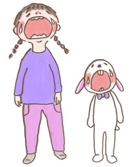 立って泣く女の子　ウサギのぬいぐるみと一緒
