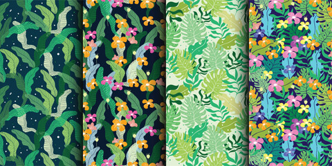 Set of  Tropical leaves and plants seamless patterns. tropical style. hawaiian exotic background.Vector Seamless flower Pattern or Wallpaper. - 631733963