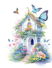 A small watercolor house in the midst of a flower garden surrounded by colorful butterflies conveys peace.