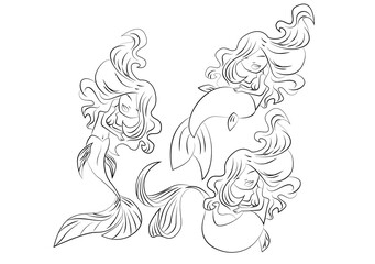Cartoon set of mermaid dolls coloring page
