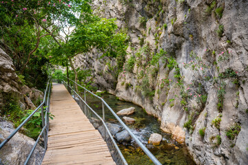 Sapadere canyon with wooden paths and cascades of waterfalls in the Taurus mountains near Alanya, Turkey