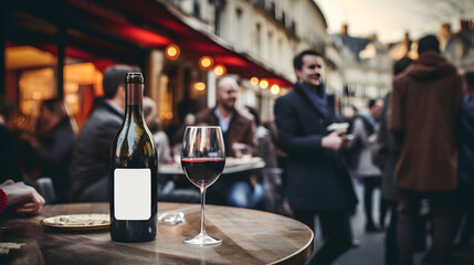 une bouteille de beaujolais nouveau posé sur une table de bar dans une rue parisienne - étiquette vide - obrazy, fototapety, plakaty