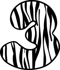 Cute Zebra Number Three Doodle for Kids. safari Hand Drawn Outline Illustration.