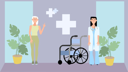 Flat style illustration of young female practitioner in white coat and elderly female sitting in wheelchair entering hospital. 2d vector