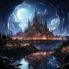 Fototapeta premium Magical fantasy castle illustration. Generative AI