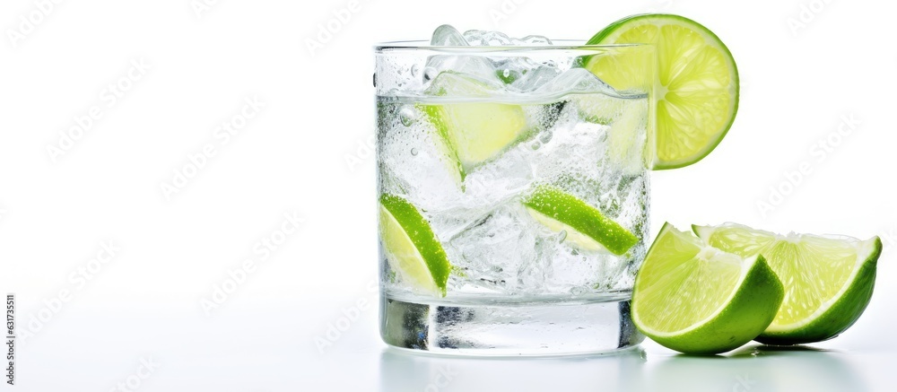 Aufkleber A picture of a glass of gin and tonic with ice and lime is shown on a white background with empty space for text.
