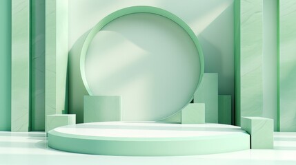 Abstract minimalistic monochrome scene with geometric shapes. Green 3D visualization AI