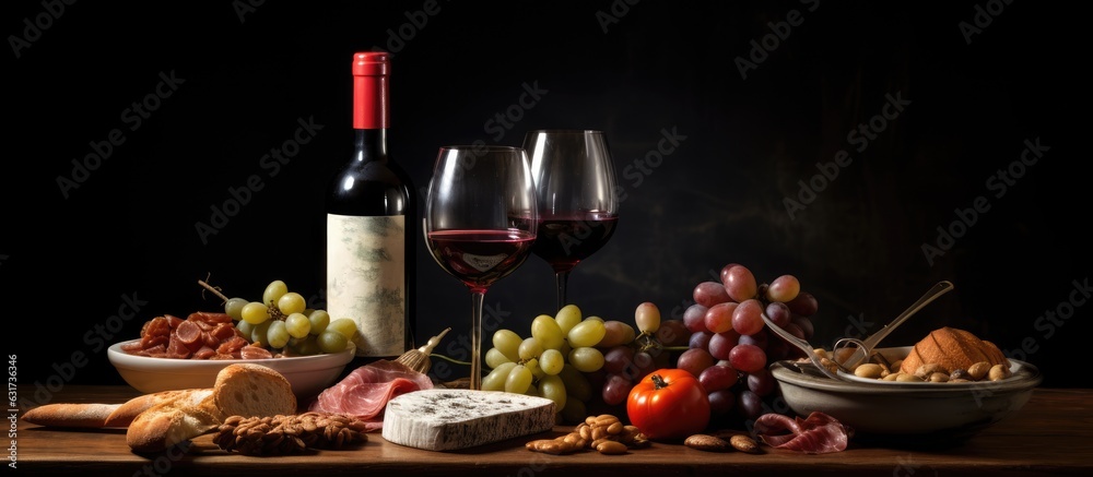 Poster wine bottles and glasses on a table, representing wine drinking culture. it portrays appetizers and 