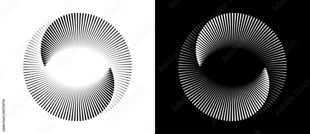Poster Lines in circle abstract background. Dynamic transition illusion. Black shape on a white background and the same white shape on the black side.