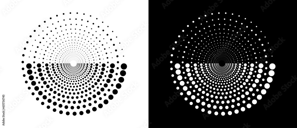 Poster Halftone circle as icon or background. Abstract vector with dots as sun logo or emblem. Black shape on a white background and the same white shape on the black side.