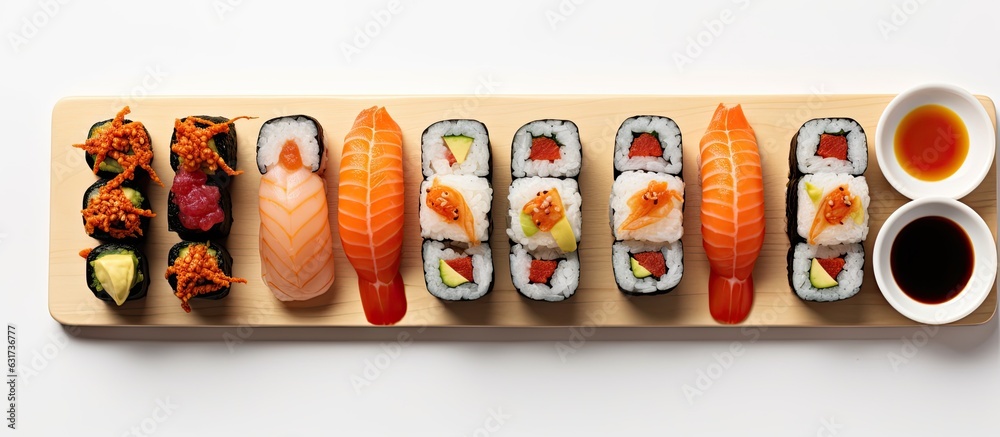 Poster Japanese Sushi Set. Flat lay view from the top with space for copy.