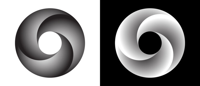Circle with segments and gradients. Logo or icon for any project. Black shape on a white background and the same white shape on the black side.