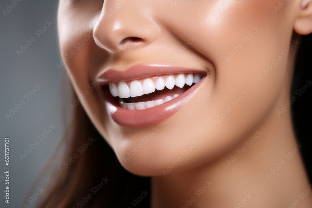 Sticker Perfect white healthy teeth of a smiling woman close-up. Portrait with selective focus and copy space