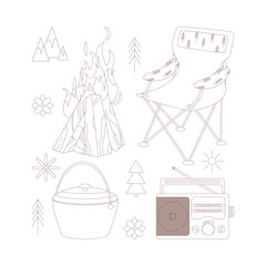 Camping and hiking set, drawn elements — cauldron, bonfire, chair, radio.
