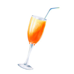 Watercolor illustration of glass goblet with orange cocktail with blue tube for drinks. Refreshing juice isolated on white background. For designers, spa decoration, postcards, wedding, greeting