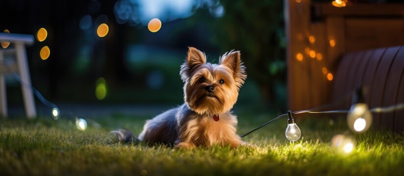 A small dog happily plays with a pet toy ball in the backyard lawn, with a panoramic crop and room for text.