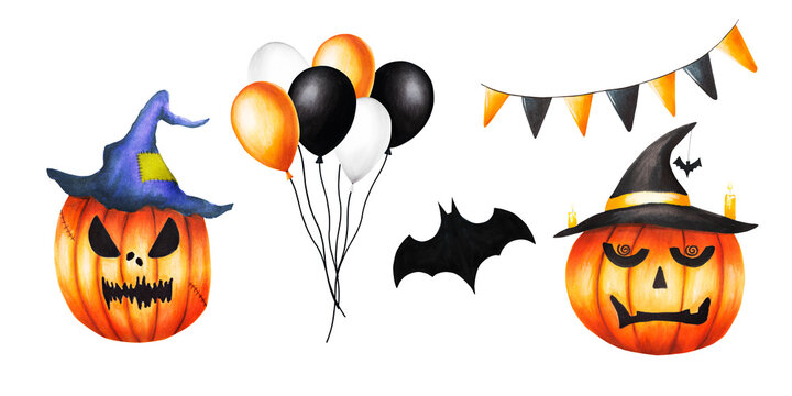 Watercolor Halloween set with bunch of balls illustrations, pumpkins with hats, bat and festive flags. Hand painting orange, black, white balloon sketch isolated on white background. For designers, 