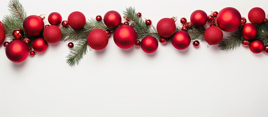 Christmas Composition featuring a garland made of red balls and branches of a fir tree on a white background. This composition represents the Christmas, winter, and New Year concept. is captured - obrazy, fototapety, plakaty