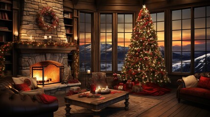 Room decorated with christmas tree and christmas gifts, room with christmas tree and fireplace,...