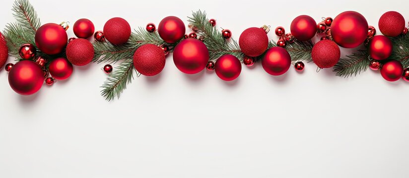 Christmas Composition featuring a garland made of red balls and branches of a fir tree on a white background. This composition represents the Christmas, winter, and New Year concept. is captured