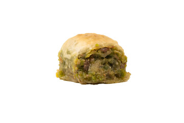 Turkish pistachio baklava isolated on white background.