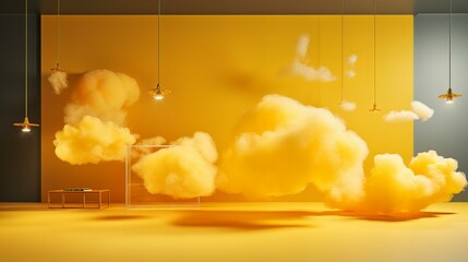 three clouds flying in open air in an empty room, in the style of yellow, industrial and product design, AI generated