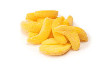 Juicy colorful jelly banana sweets isolated on white.