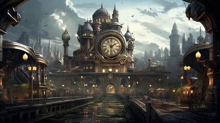 Steam train in the mountains. AI generated art illustration.