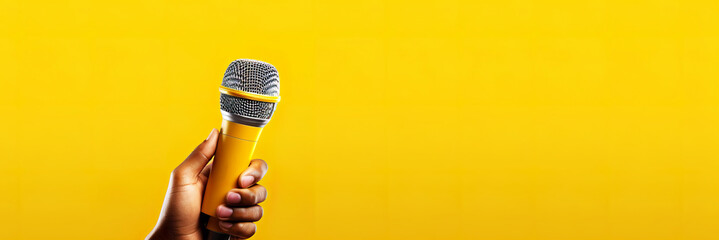 Holding microphone against colorful background