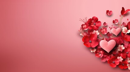 Valentine's day background with and pink hearts and flowers created by generative AI technology.