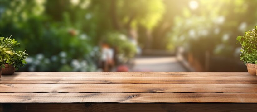 empty wooden table with a blurred outdoor garden as a backdrop for marketing promotions. The table offers ample space for text and advertisements.
