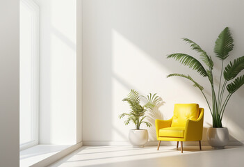 Minimalist empty interior with green plants. Yellow vintage armchair. Generative AI.