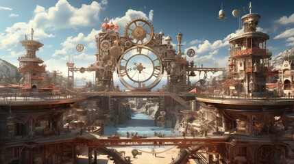 Steam train in the mountains. AI generated art illustration.