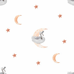watercolor seamless pattern beautiful swan in black crown. vintage pattern moon stars swan for printing on textiles, wrapping paper, clothes.